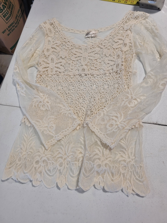 SJS Tops - SJS Cream Crochet Lace Long-Sleeve Top